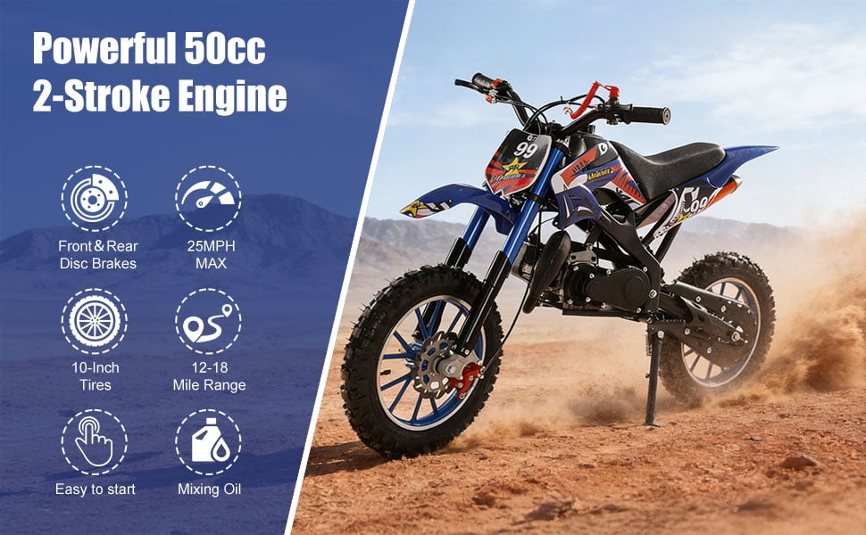 Korogimeeet 49cc 2-Stroke Blue Mini Motocross, Gas Powered Off-Road Bike, Inverted Hydraulic Shock Absorption, 10 Inch Tires, 40KM/H Max Speed, 1.8L Fuel Tank, 150kg Load, 47 x 30 Inch