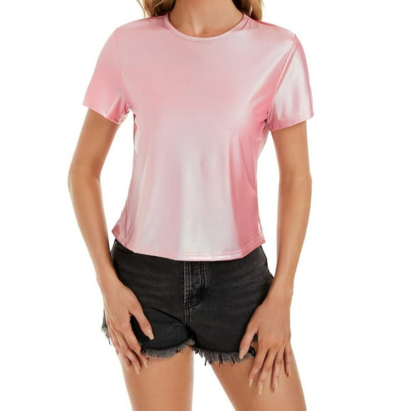 Tittly T Shirts for Women Basic Tees Women's Spring Summer Metallic Glossy Round Neck Loose Casual T Shirt Tshirts Shirts Womens Tops Pink XXL