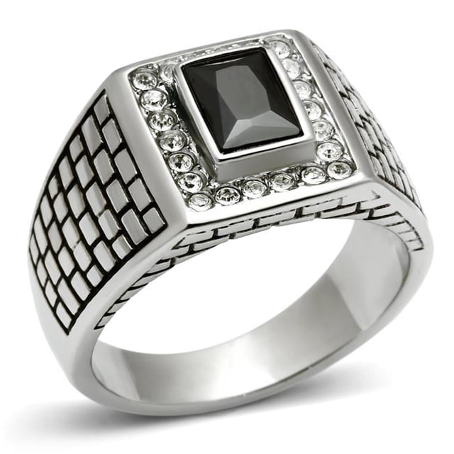 Men High Polished Stainless Steel Ring with AAA Grade CZ in Jet - Size 11