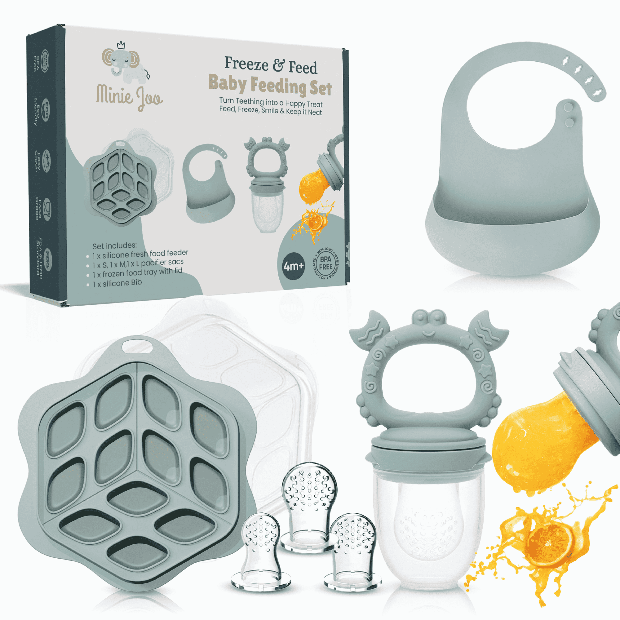Minie Joo Baby Fruit Feeder, Adjustable Bib, and Breastmilk Popsicle Molds for Teething Relief-3 Pacifier Sizes (Green)