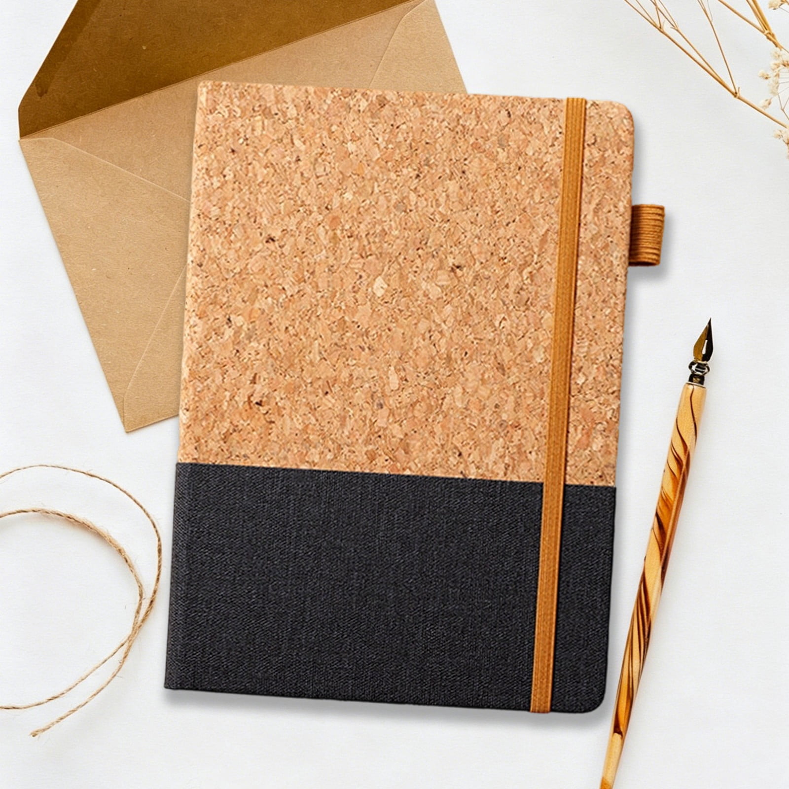 VKLU 1Pc Black 8.5" x 5.7" Cork and Faux Leather Patchwork Journal, Professional Hardcover Notebook with Elastic Band