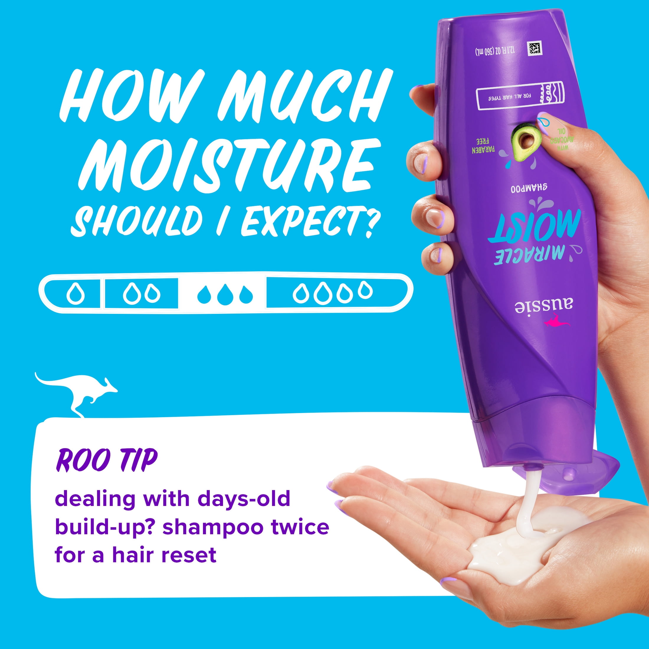 (6 pack) Aussie Miracle Moist Shampoo for All Hair Types with Avocado, Moisturizing, Paraben Free, 12.1 fl oz