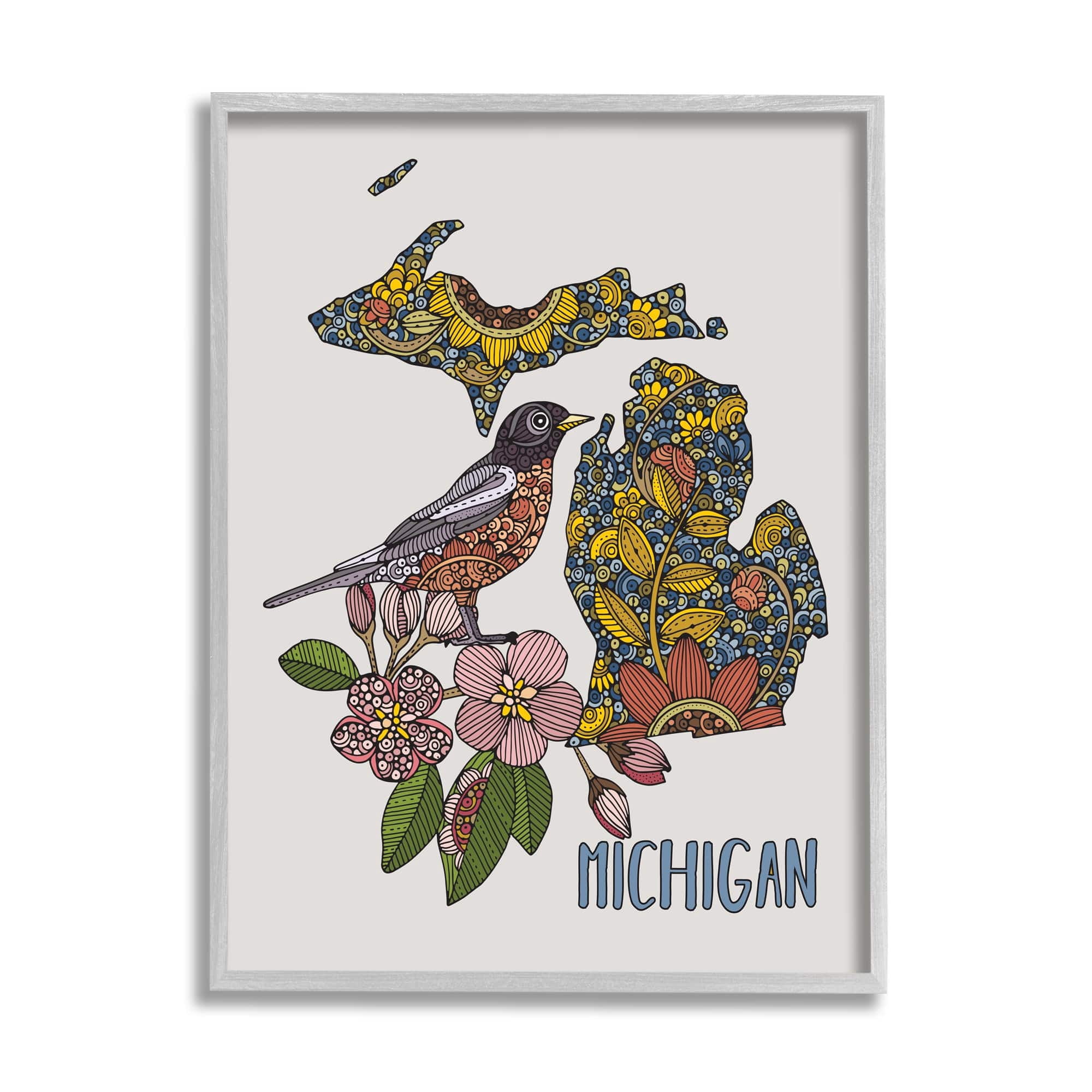 Stupell Industries Detailed Michigan State Robin Bird & Flower Patterns Graphic Art Gray Framed Art Print Wall Art, Design by Valentina Harper