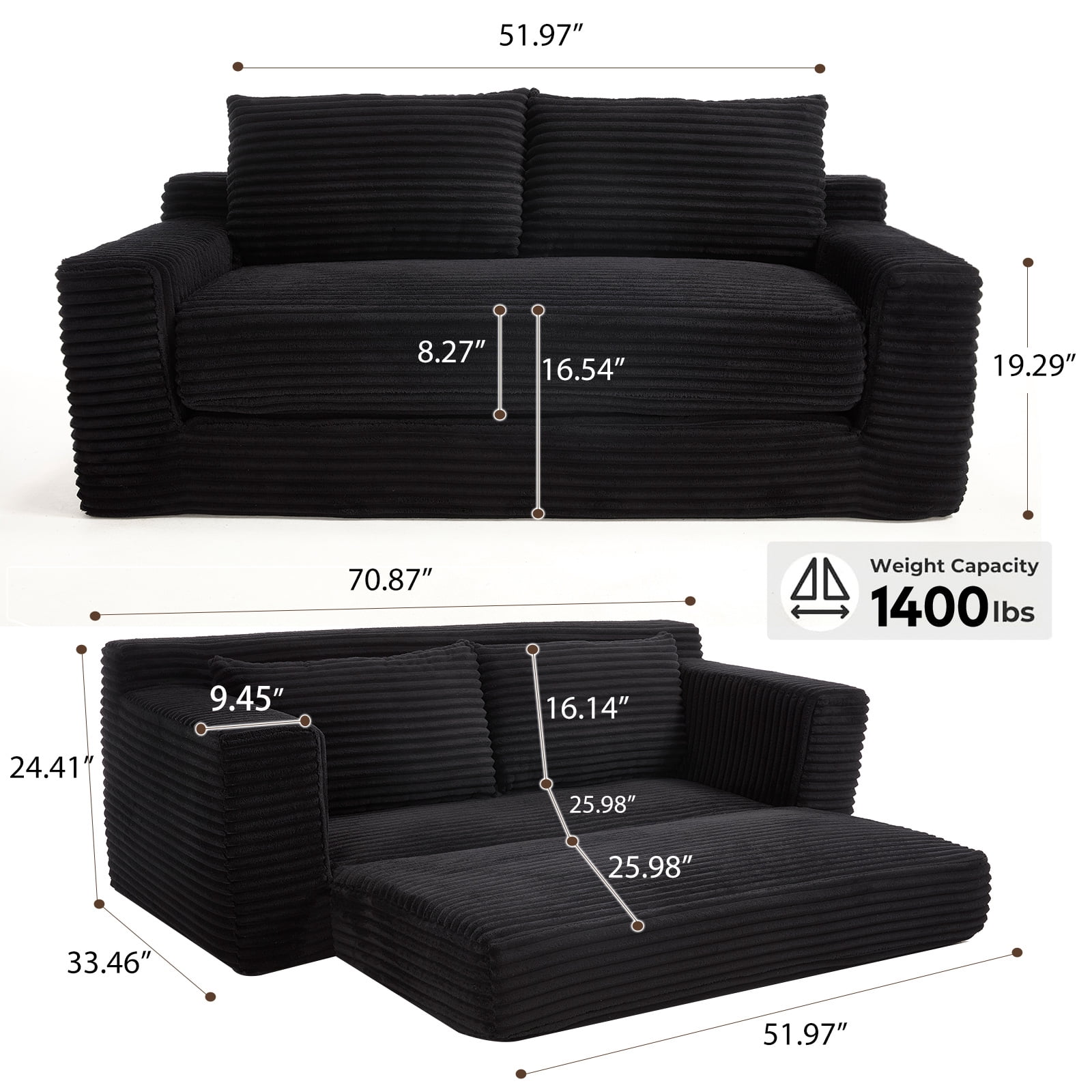 GNIXUU 70.8" Loveseat Sofa Bed Boneless Couch ,Corduroy Cloud 2 in 1 Convertible Sleeper Sofas with Fixed-Shape Frame, Comfy Deep Seat Folding Couches for Living Room, Apartment,Office,Black