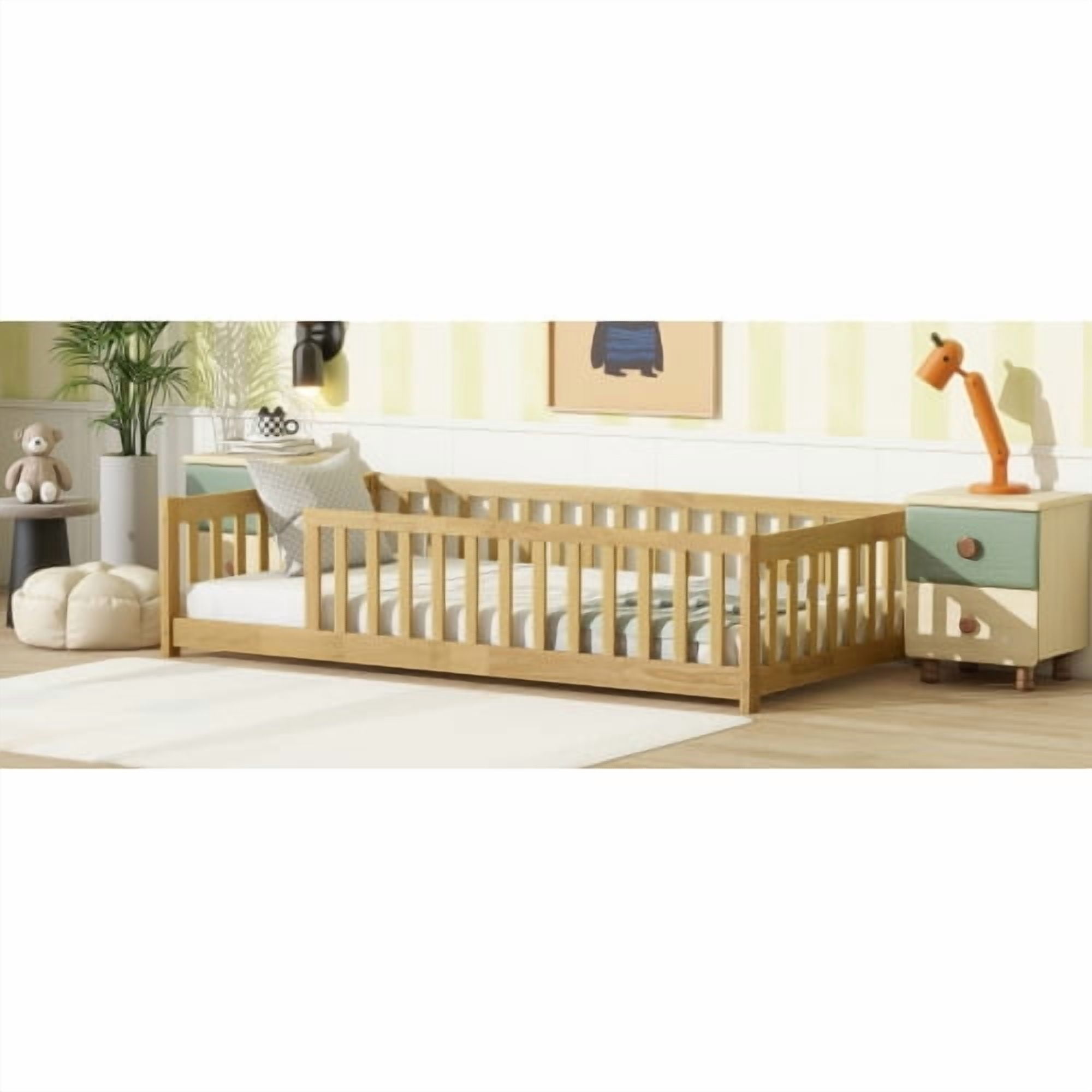 Twin Size Floor Bed with Fence without Door, Rubber Wood Floor Bed with Safety Guardrails,Natural