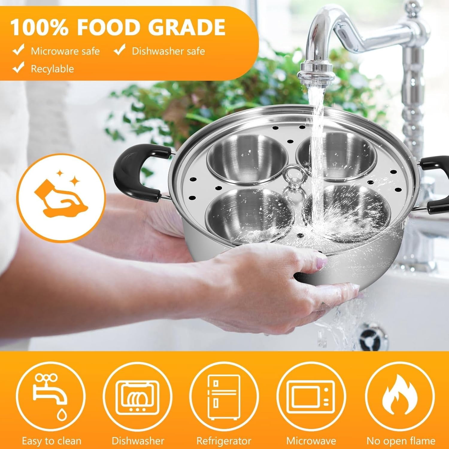 Egg Poacher, Stainless Steel Steamer with 4 Cups Poached Egg Maker, Induction Cooktop Steaming Pot for Steamed Eggs, Poached Eggs, Soups, Baby Supplements, Uncoated Non-Stick Pan