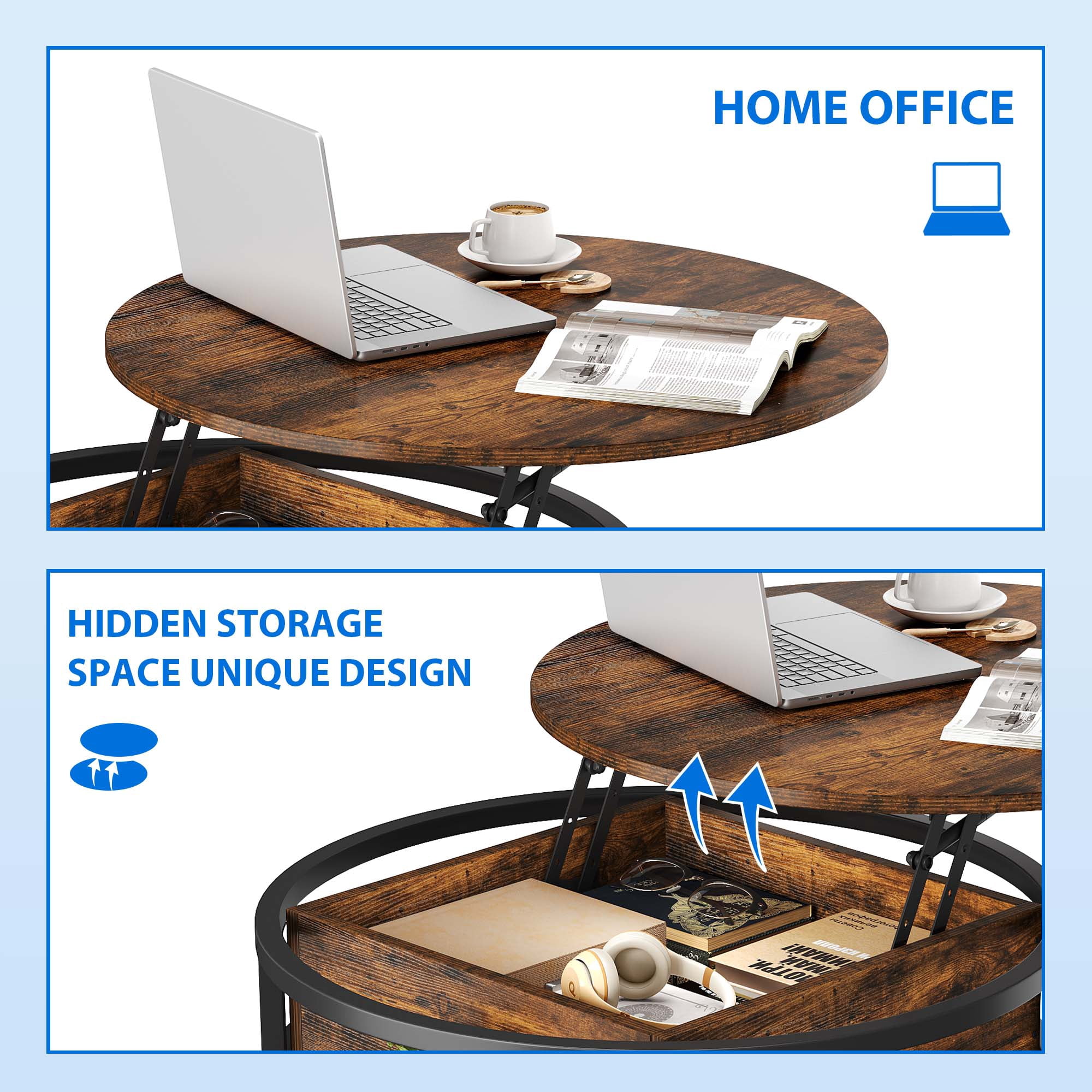 Dextrus Round Lift Top Coffee Table, Center Tables with Hidden Storage Compartment for Living Room/Home Office, Brown