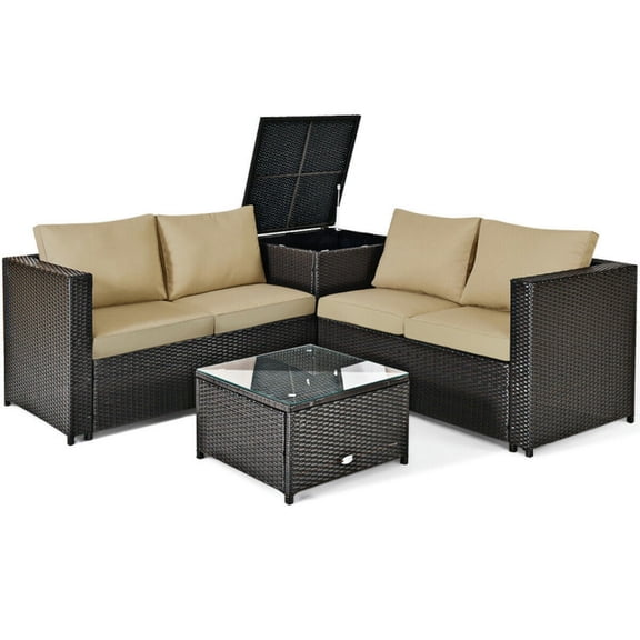 YYAo Patio Furniture Set, Outdoor Patio Set,4 Pieces Outdoor Patio Rattan Furniture Set with Cushioned Loveseat and Storage Box-Brown
