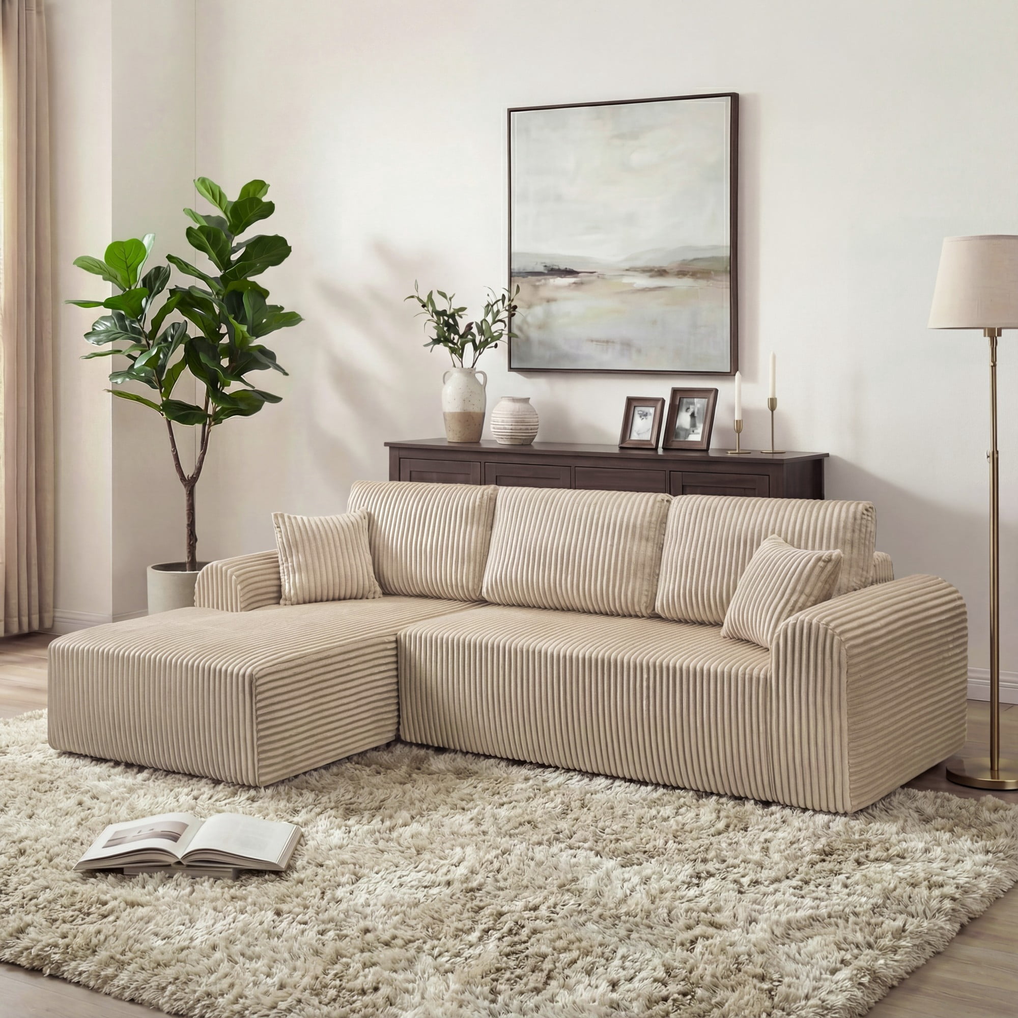 DEALTOPS 109" Corduroy L-Shape Floor Cloud Couch, Deep Seat Modular Sectional Sofa, Left Chaise, Dark Beige
