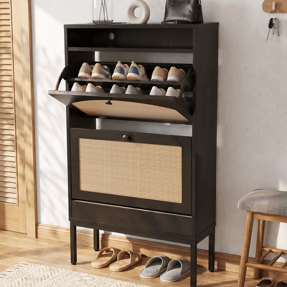 2 Flip Drawers Shoe Cabinet Storage for Kid’s/Women, Narrow Shoes Organizer Cabinetfor Front Door Entrance, Free Standing Hidden Wooden Shoe Rack (Black)