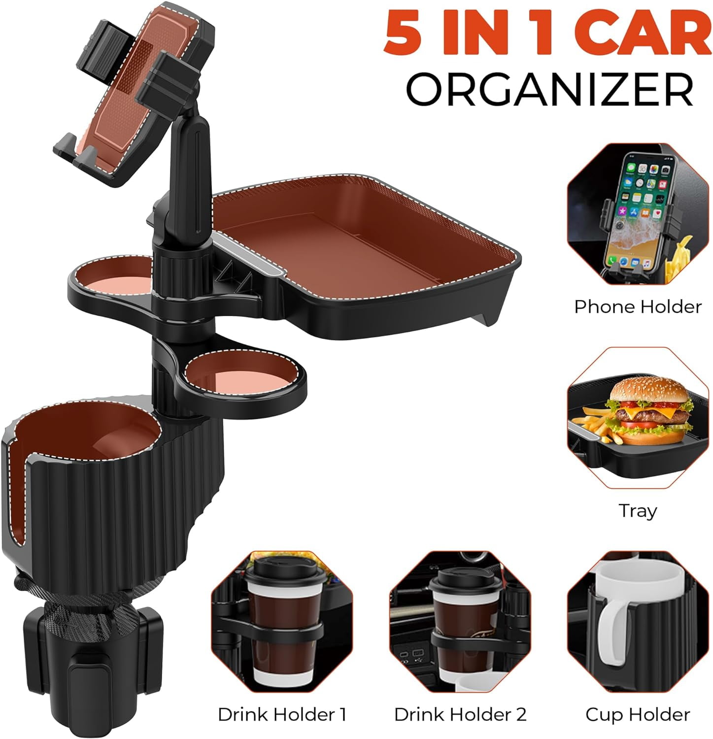 Soapow  5 in 1 Car Cup Holder Tray Table with Cell Phone Slot and Coffee Stand Food Tray, Universal Swivel Car Expander Desk, Detachable 360° Rotating Extender Car Organizer