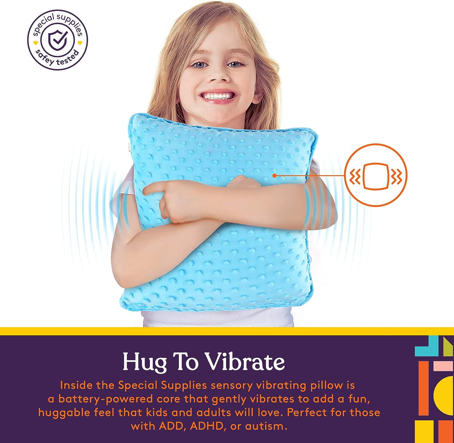 Special Supplies Sensory Vibrating Pillow - Pressure Activated Calm with 3 Modes, Voice Recording & Music - Textured Stimulation Bumps for Kids & Adults (Blue)