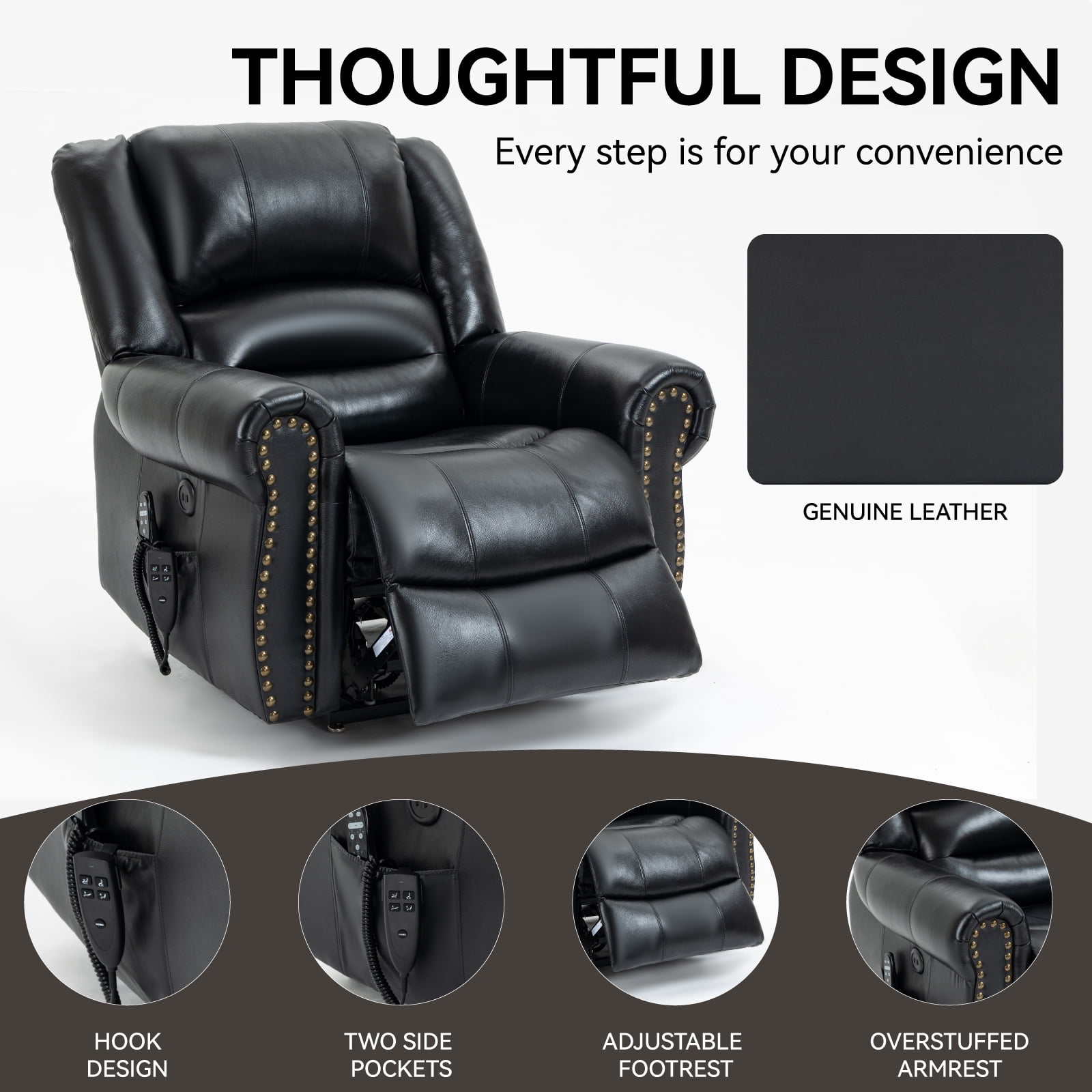 Alvantor Large Power Lift Recliner Chair for Elderly with Massage and Heat Genuine Leather Electric Recliners Chair with USB Ports for Living Room Black