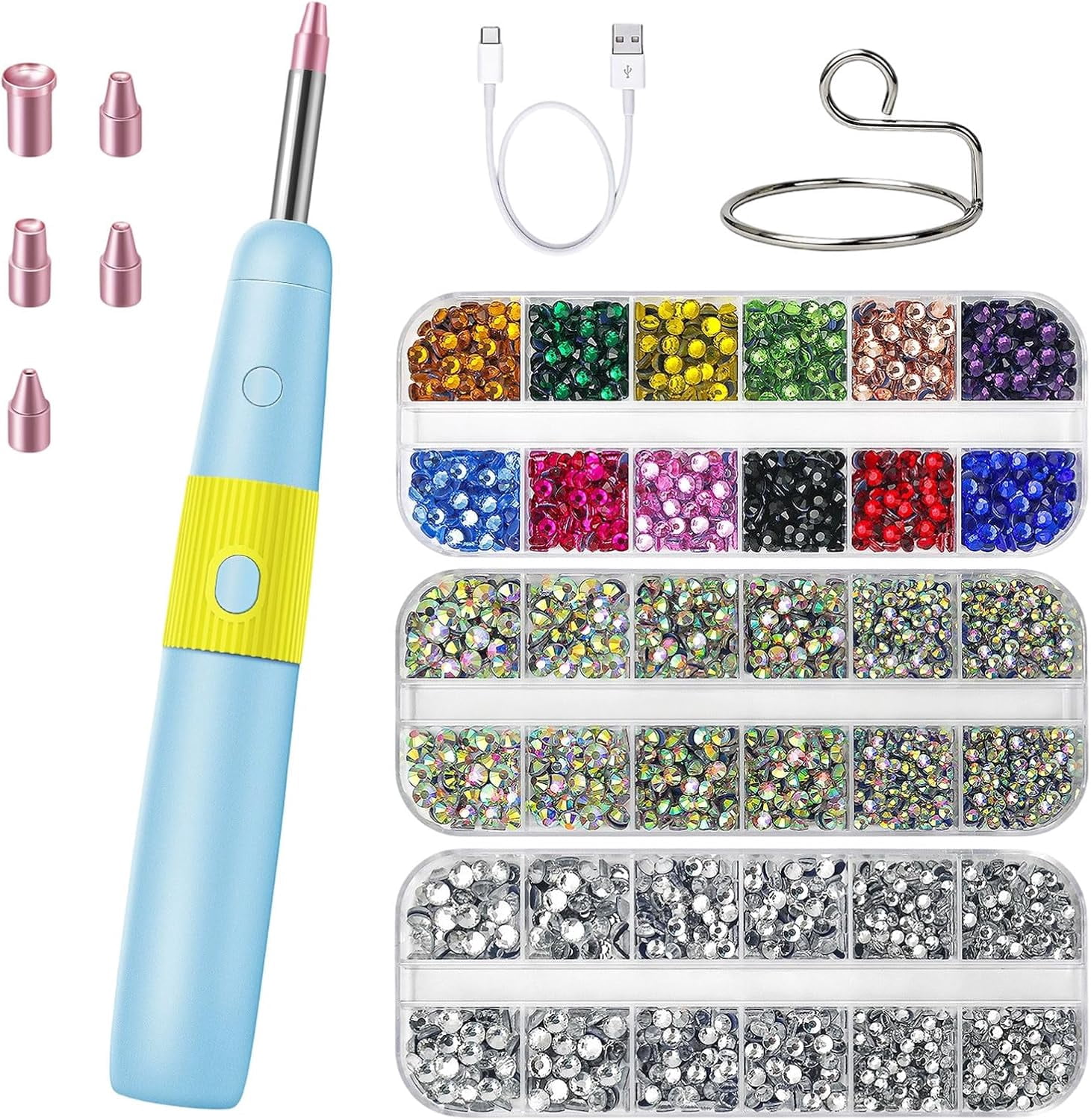 Rhinestones Applicator , 5 Tips and 3024 Pcs Rhinestones, Bedazzler Kit with Vacuum Pick Up Function, Cordless Adjustable Heat Hot Fix Wand for Clothes, Fabric and DIY Crafts (Blue)(Q)