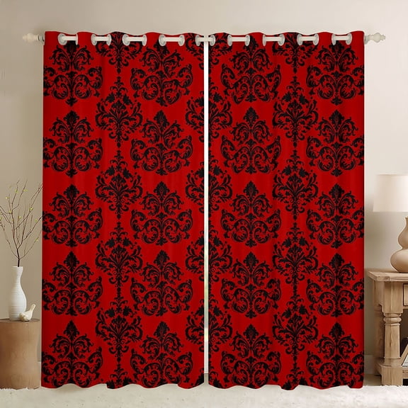 Homewish Vintage Damask Black Out Curtains,Victorian Flower Curtains Pack of 2 (42x63 Each),Red Black Bedroom Curtains For Men Women,Super Cozy Room Decor
