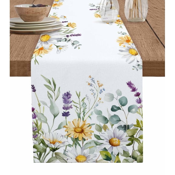 Floral Flower Table Runner Eucalyptus Lavender Daisy Watercolor Tablerunners 13 x 36 Inch, Table Decorations Tabletop Scarf for Summer Gathering Holiday Farmhouse Kitchen Dining Decor