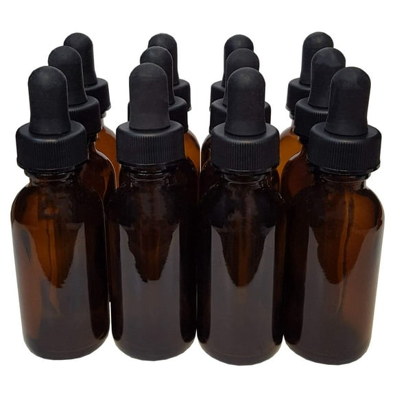 Bottle Flint Glass, Boston Round, Amber Color, 1 ounce, with dropper assembly.  Pack of 12.
