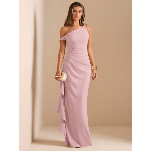 Dusty Pink One Shoulder Ruched Wrap Maxi Dress With Asymmetrical Ruffle Hem And Draped Detail