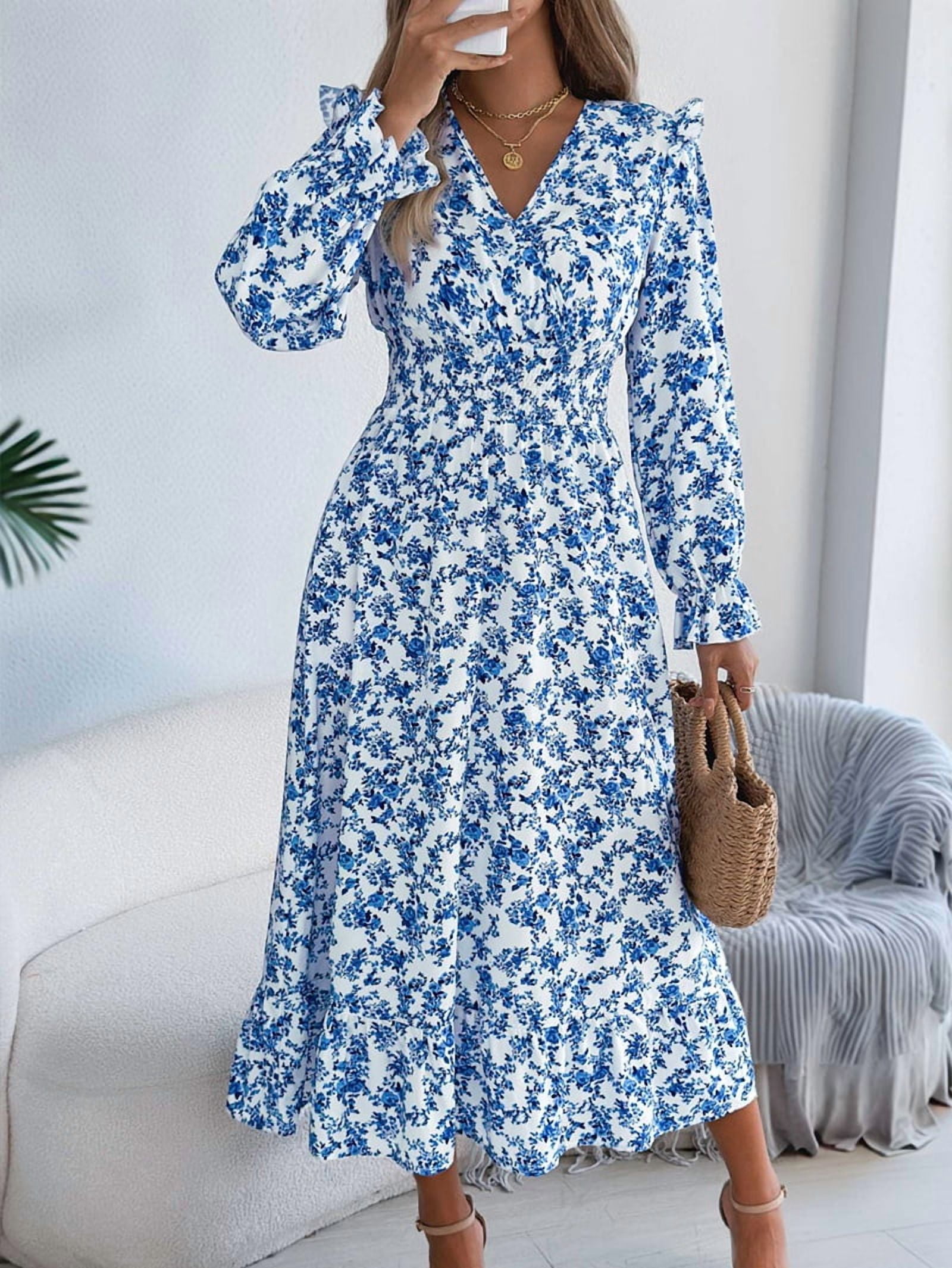 Women'S Long Sleeve Floral Print V-Neck Ruffle Hem Maxi Dress Shirred Waist Blue S