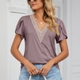 thumbnail image 5 of JWZUY Womens Crochet Lace V Neck Tops Solid Tunic Petal Sleeve Tees Shirts Blouse Short Sleeve Chiffon Elegant Tshirt Summer 2023 Pink M, 5 of 8