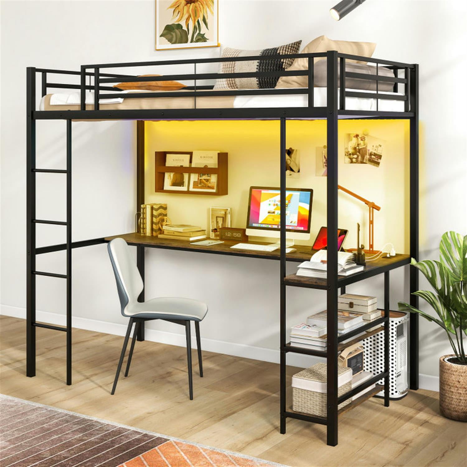 Demi Bonn Twin Size Loft Bed Raised Platform Bed with Desk and 2 Storage Shelves for Teens, Black