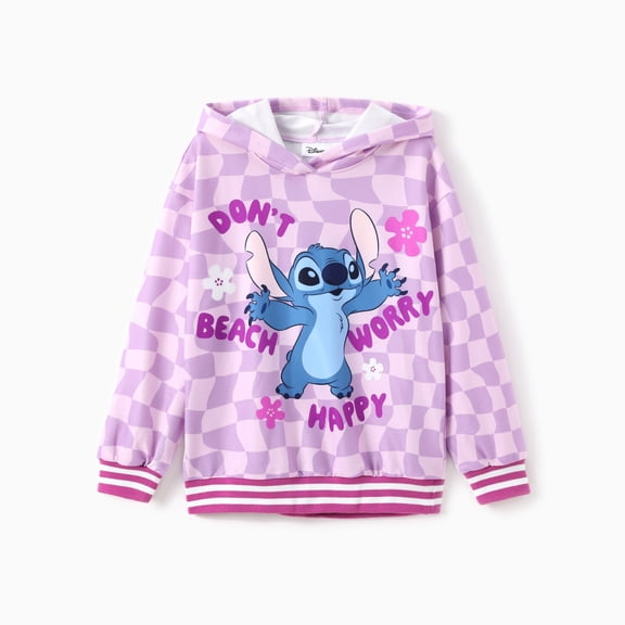 Disney Stitch Girls Sweatshirt Kids Pullover Purple Pink Checkerboard Hooded Top Fall Birthday Gift Hoodie Sizes 8-9 Years