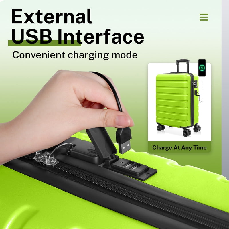 Luggage Sets 2 Piece Hardshell Lightweight Carry on Luggage Cosmetic Case with wheels USB Port TSA Lock 14 20 inch AppleGreen
