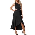 thumbnail image 2 of INSPIRE CHIC Vestido de cóctel de satén sin mangas con un solo hombro, con cinturón y abertura con volantes en negro M, 2 of 6