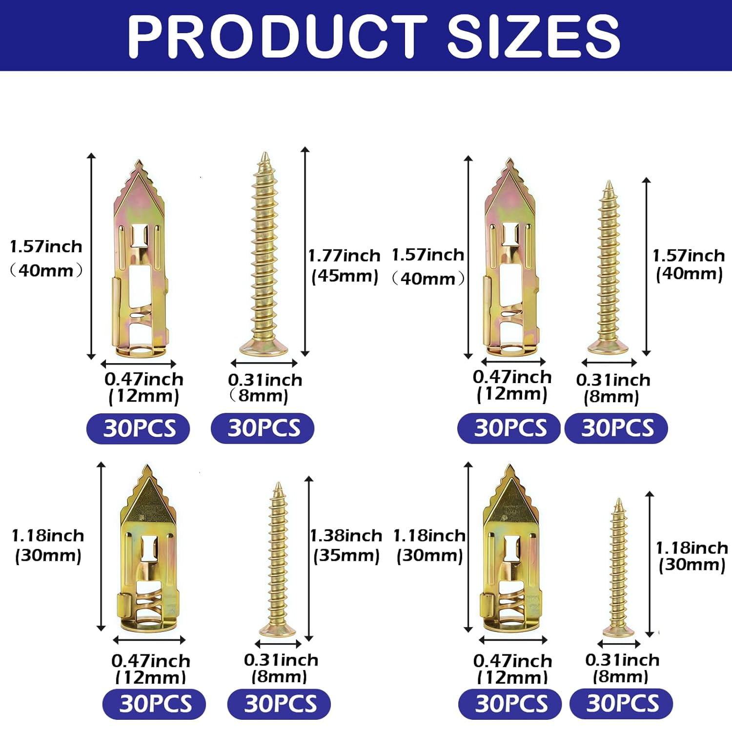 120PCS Piece Self-Drilling Drywall Anchors Kit Self Drilling Drywall Anchor Screws,Metal Screw Anchors Kit, No Drill Needed, Zero Wall Damage，Easy to Install (4 Sizes)