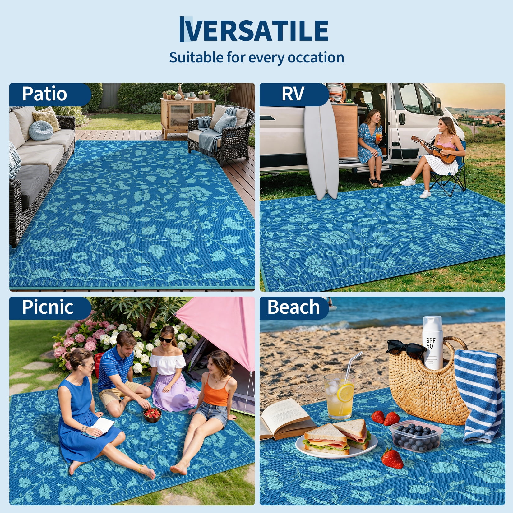 Garvee 5'x8' Outdoor Rug Waterproof Floral Camping Carpet, Reversible Plastic Straw Rug Outdoor Rug for Patio RV Balcony Backyard, Navy Blue