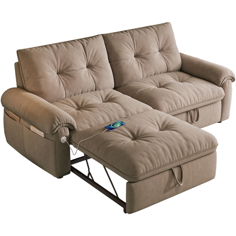 77.2" Convertible Sofa Bed, 2-in-1 Full Size Sleeper Sofa, Plush Upholstered Loveseat with USB Charging Ports & Side Pockets, Steel Frame Pull-Out Couch for Living Room, Bedroom, Apartment