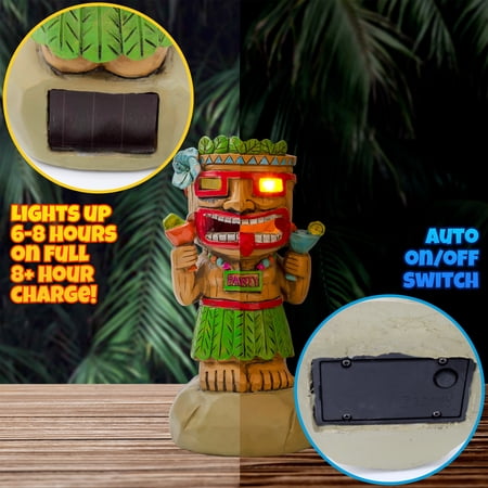 Darware Solar Garden Mini Tiki Statue: Party Guy; Solar-Powered Hawaiian Luau Party, Pool Tiki Bar and Garden Decor