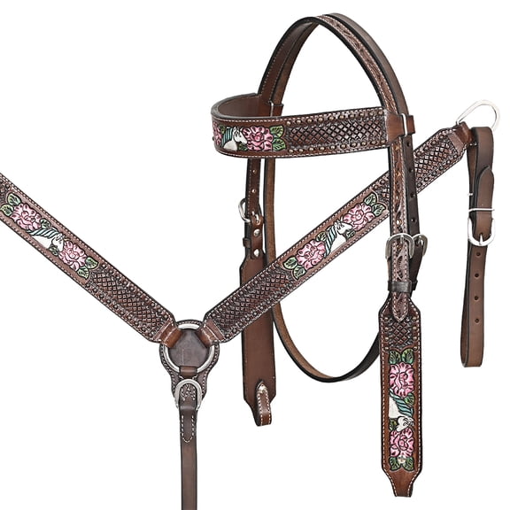 Comfytack Horse Floral Hand Painted Genuine Leather Breast Collar Headstall Brown