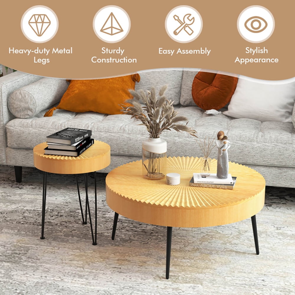 Finihen Coffee Table, Wooden Coffee Table, 2 Set of Wooden Coffee Table with Metal Legs and Adjustable Foot Pads, for Living Room, Reception Room, Natural Finihen Coffee Table, Wooden Coffee Table, 2 Set of Wooden Coffee Table with Metal Legs and Adjustable Foot Pads, for Living Room, Reception Room, Natural
