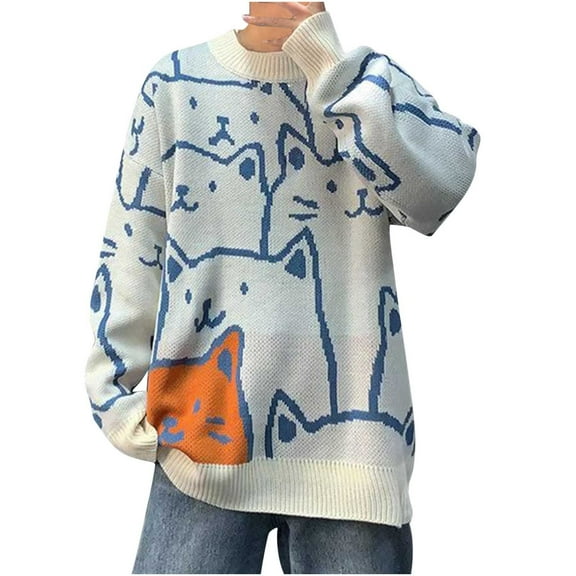 TFEOQRY Men's Crew Neck Sweater Patterned Color Block Knit Long Sleeve Casual Pullover Fall Winter Top White