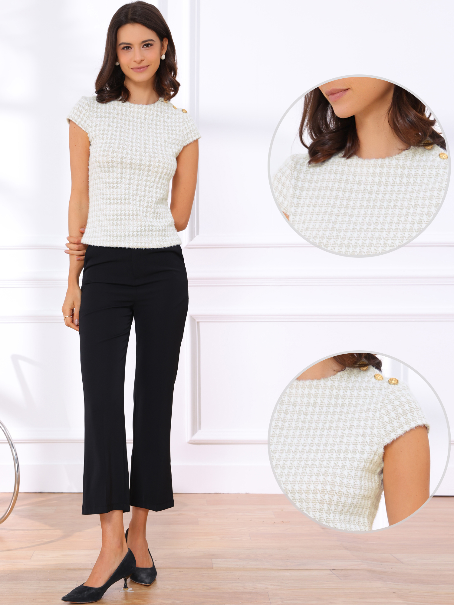 DARING DIVA Women's Crew Neck Cap Sleeve Knit Houndstooth Tweed Top XL Light Khaki