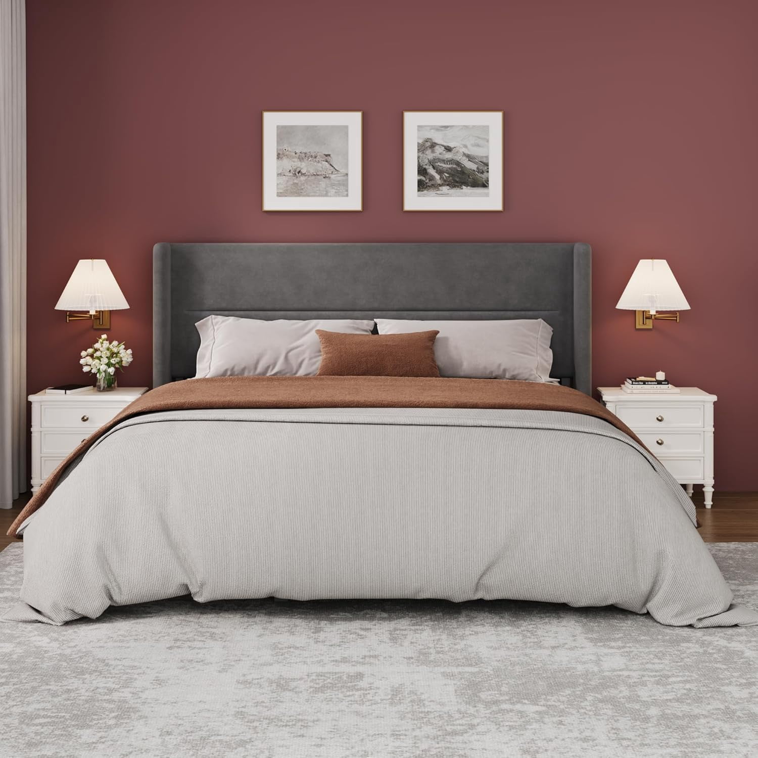 IDEALHOUSE King Size Bed Frame with Wingback Headboard, Velvet Upholstered Platform Bedframe with Wood Slats, No Box Spring Needed, Easy Assembly, Grey