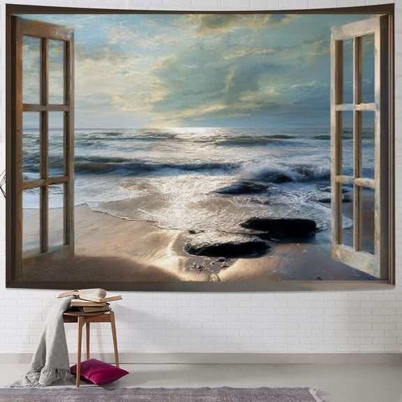 BCIIG Window Beach Ocean Tapestry Wall Hanging Unique Style Art 40x30inch