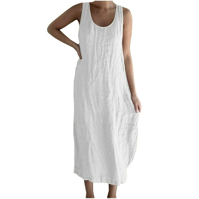 PENGXIANG Robes d'Été pour les Femmes Occasionnels en Vrac Sans Manches en Lin Débardeur Robe Midi
