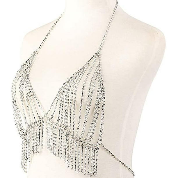 Rhinestone Bra Chest Chain Crystal Body Harness Diamond Bikini Jewelry  Tassel Belly Dance Top For Beach Party Swimming Pool