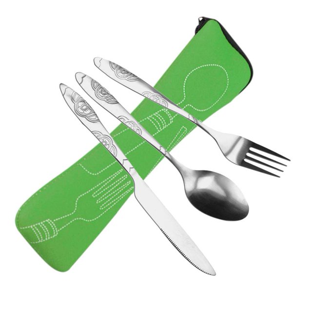Juego de cubiertos de acero inoxidable de 3 piezas, cuchillo para carne, tenedor, cuchara con bolsa de tela (verde)