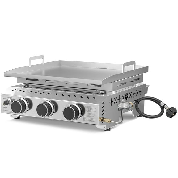 FREE VILLAGE Portable Gas Grill-3-Burner Stainless Steel Tabletop Propane Grill,24,000 BTU Heavy-Duty Outdoor BBQ with Foldable Legs,Easy-Clean Design,Backyard,RV Trips,Tailgating, and Barbecues