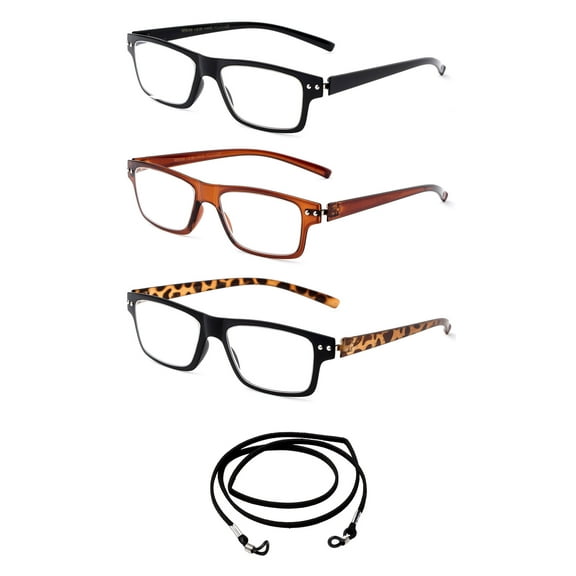 3 Pack Newbee Fashion - Light Weight Flexible Material Fashion Reading Glasses with Lanyard 1.00