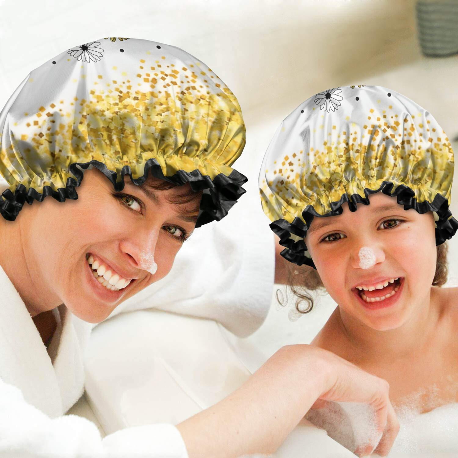 Shower Caps,White Butterfly Flower Dot Pattern Waterproof Shower Cap for Women 4 Pieces,Double Reusable Hair Cover for Shower PEVA Elastic Stretch Hem