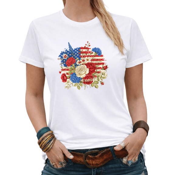 USA 250 Years American Flag Floral Graphic Tees Women's 4th of July Patriotic Flower Tshirt Tops Black/White S-5XL