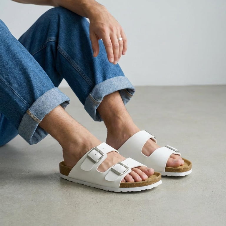 Men\'s White Lane Cork Footbed Sandals Adjustable Buckle Comfort Slides Cushionaire Lane Cork Footbed Mens Sandals, Adjustable  main image 2