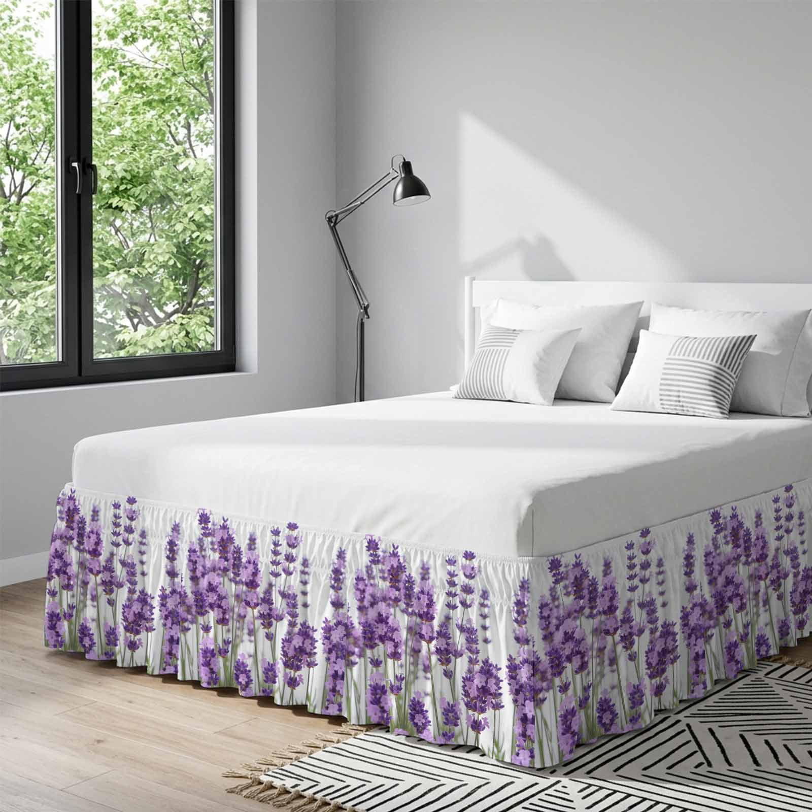 Bed Skirt Lavender Adjustable Elastic Wrap-Around Dust Ruffle with Purple Floral Leaves Plant White Background 18 Inch Drop, Bed Frame Cover for Queen Size Bed