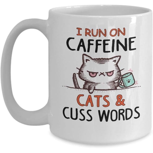 Tasse à Café en Céramique 11oz D STICKY COMPANY I Run On Caffeine, Cats, and Cuss Words – Cadeau Amusant pour les Amoureux des Chats, Hommes, Femmes, Parents Ou Adolescents – Passe au Micro-Ondes et au Lave-Vaisselle, Blanc, 11oz