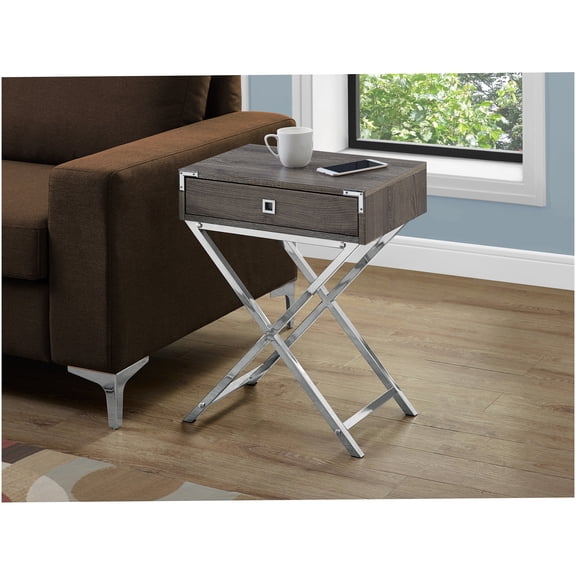Taupe Laminate End Table with Storage Drawer, Chrome Metal X-Legs, Modern Nightstand for Living Room or Bedroom