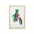 thumbnail image 1 of Dinosaur Bicycle Wall Art with Frame, Funny Cartoonish Illustration of a T-rex Riding a Motorcycle Print, Printed Fabric Poster for Bathroom Living Room, 23" x 35", Green Multicolor, by Ambesonne, 1 of 2